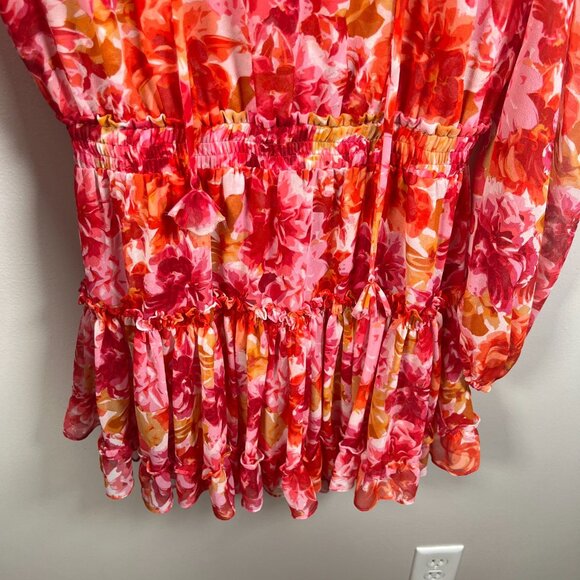 MIsa Clementine Mini Dress Size Medium Floral Pink Red Ruffle Party Wedding - Picture 8 of 13